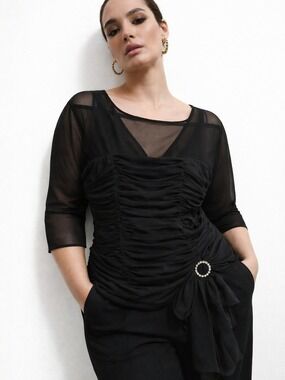Black Sheer Ruched Top 18W Rhinestone Tie Mesh Evening Luxury Cocktail Party